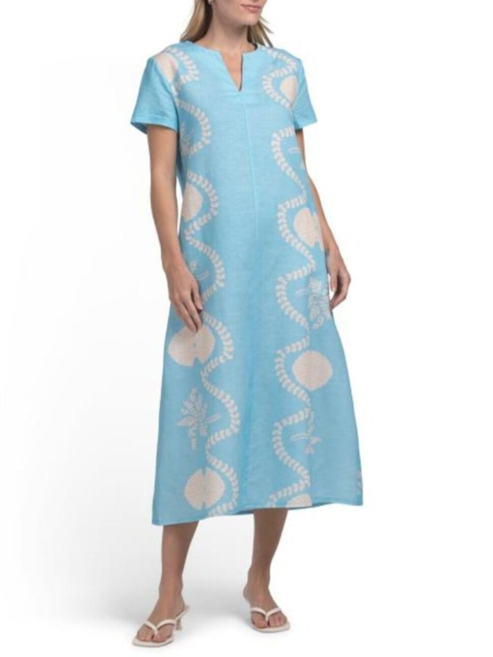 SPIGHE DI LINO Made In Italy Linen Blend Short Sleeve Shell Printed Dress